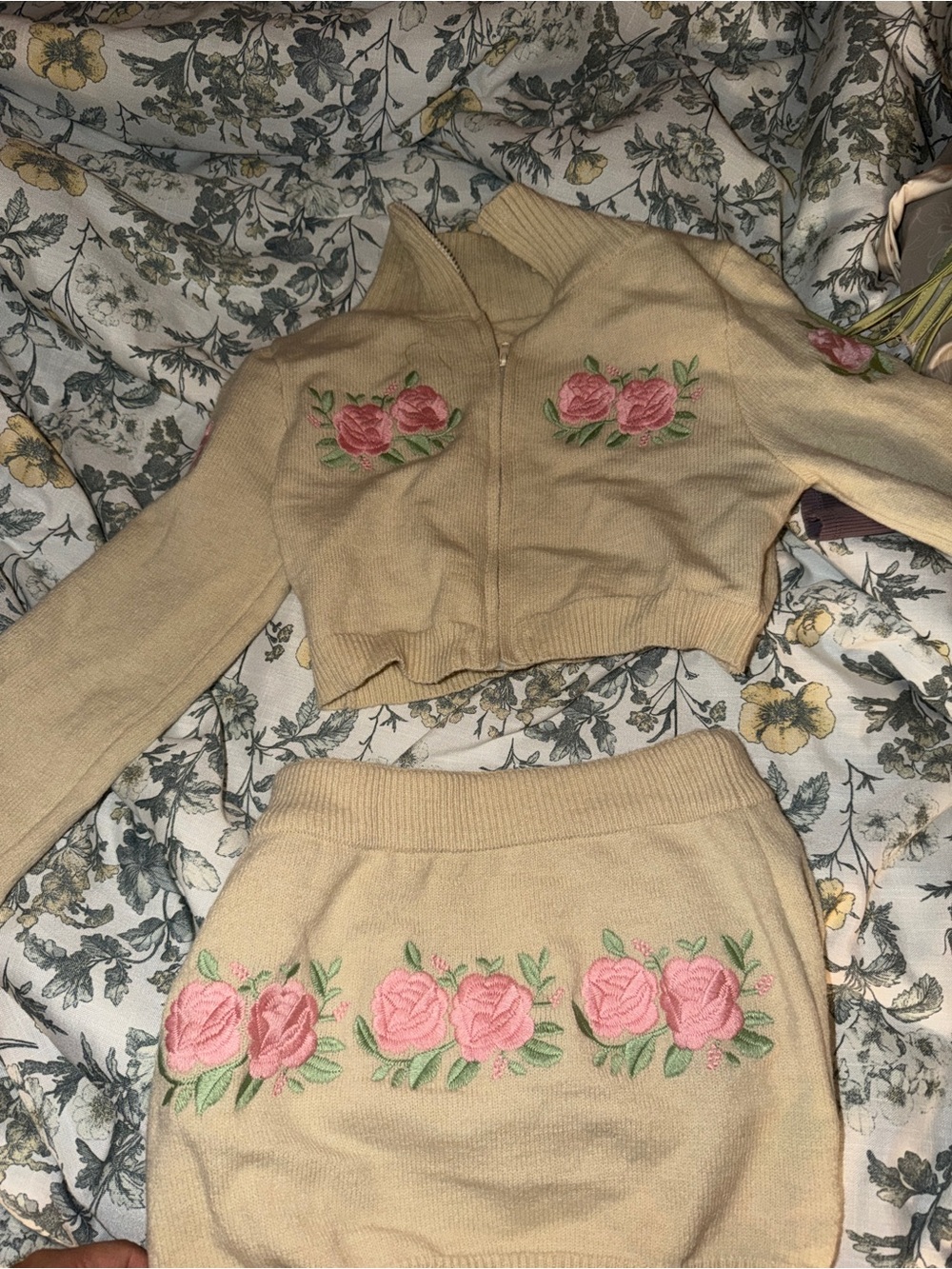 Beige Floral Embroidered Knit Skirt Set - Pink Rose Detail